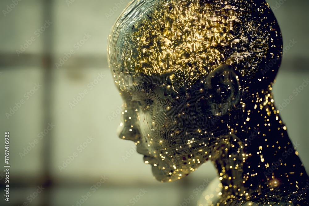 Naklejka premium Exploring the Depths of Artificial Intelligence Through a Mesmerizing Human-Like Figure Made of Circuitry and Light Reflecting Innovation Progress and Future Concepts
