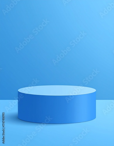A blue cylindrical platform stands against a matching gradient backdrop
