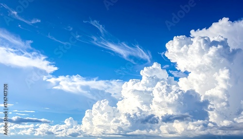 Fototapeta Naklejka Na Ścianę i Meble -  A bright blue sky filled with fluffy white cumulus clouds