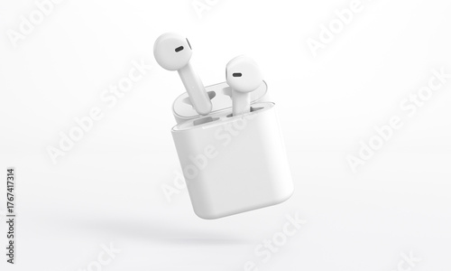 Isolated 3D mockup of white wireless earbuds floating