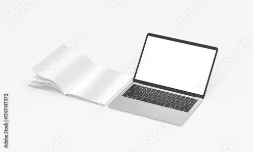 Isolated 3D mockup rendering of laptop with notebooks
