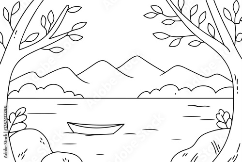 Outline drawing of a serene lake with mountains and a boat water hills