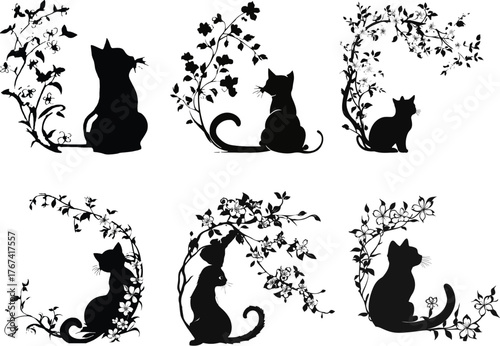 Cats tail trailing into blooming floral set silhouette vector