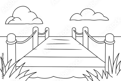Outline drawing of a wooden pier with ropes, clouds, and grass by the water dock lake