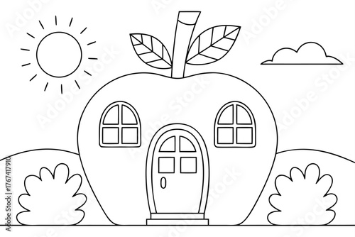 Outline drawing of an apple-shaped house with sun and clouds home building