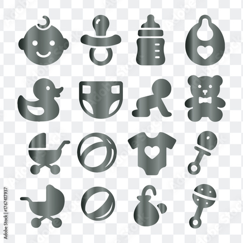 Baby newborn child care products accessories vector graphic icons set