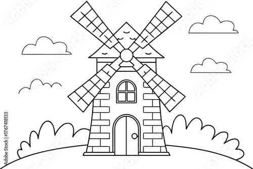 Simple cartoon windmill with four blades and brick texture on white background drawing illustration