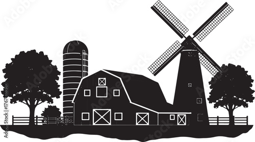 Rural Landscape Silhouette with Barn Windmill Silo Trees and Fence Black and White Farm Scene