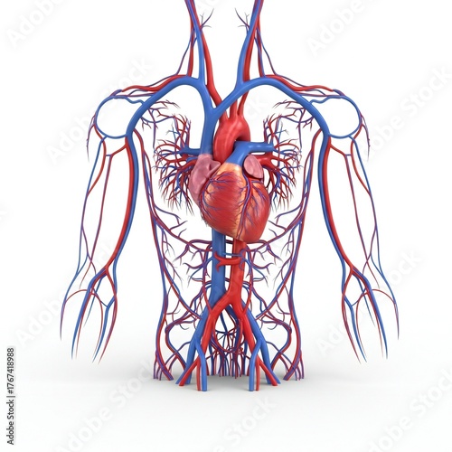 Detailed human circulatory system anatomy with heart and major blood vessels