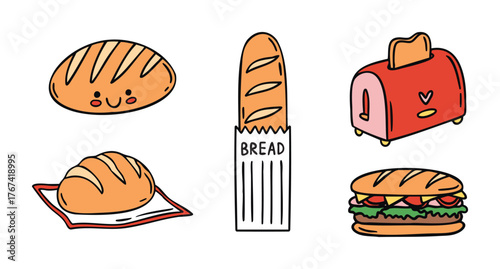 Bread and toast set baguette sandwich toaster and fresh loaf, cozy hand drawn doodle style.