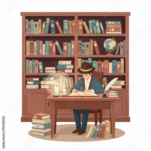 An historical illustration depicting a dedicated writer or scholar working late at a desk by the soft glow of candlelight, surrounded by a vast wooden bookshelf full of books
