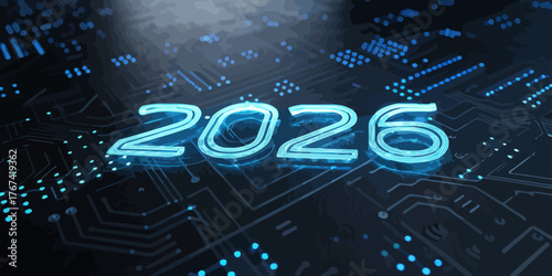 Glowing year two thousand twenty six on a dark circuit board with blue light reflections all around it