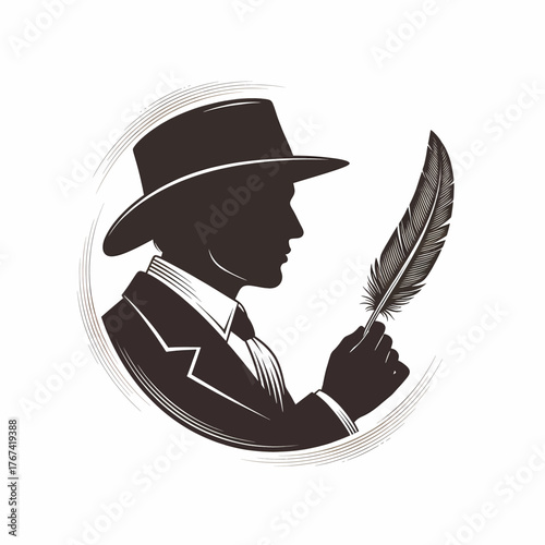A classic silhouette logo featuring a gentleman in a suit and hat, holding a writing quill feather