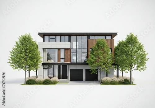 Modern two-story house with lush green trees and landscaping architectural rendering