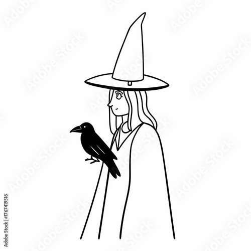 witch, crow on shoulder, intricate line art, portrait, detailed, Halloween, mystical, magical, sorceress, familiar, gothic, illustration, fantasy, hat, profile, hatching, stippling, occult, elegant