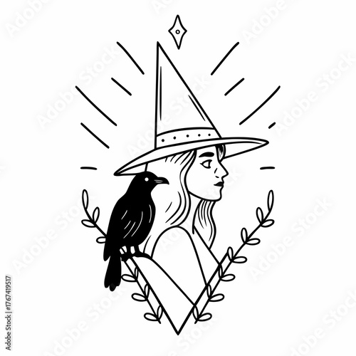 witch, crow on shoulder, intricate line art, portrait, detailed, Halloween, mystical, magical, sorceress, familiar, gothic, illustration, fantasy, hat, profile, hatching, stippling, occult, elegant