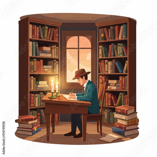 Vintage illustration of a male author sitting at a desk in a cozy library, writing by the soft glow of candlelight and sunset