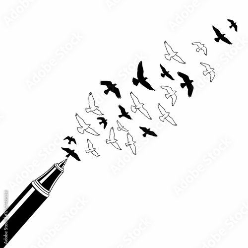 Conceptual vector illustration showing a pen releasing a flock of birds, symbolizing the freedom of expression, flow of ideas