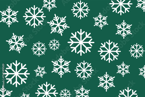 Seamless pattern of various sized white snowflakes on a deep forest green background. High-contrast vector ideal for Christmas backgrounds, winter wrapping paper, and holiday design.