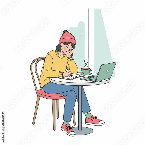 Flat line illustration depicting a young woman happily writing in a notebook at a cafe table with a laptop and hot coffee, symbolizing creativity and focus