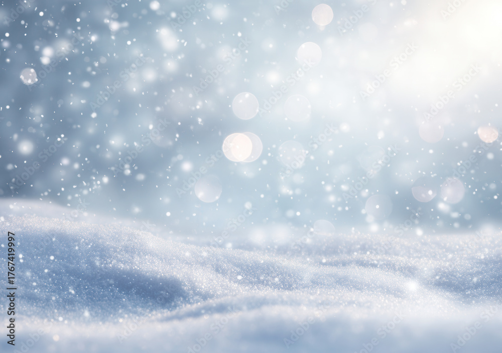 Fototapeta premium Soft snowflakes gently falling over a calm winter landscape during a bright afternoon