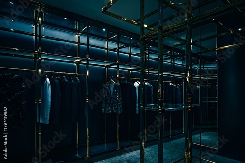 Clothes hanging on gold racks in a dark store, creating a luxurious and modern ambiance