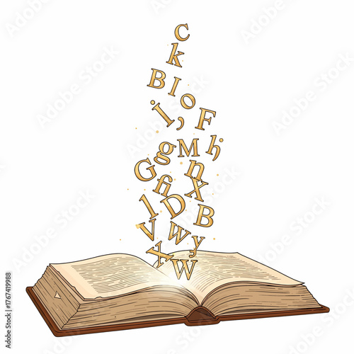 Hand-drawn engraving style illustration of an open old book with golden alphabet letters floating out. Conceptualizing education, writing, literature, and the magic of knowledge