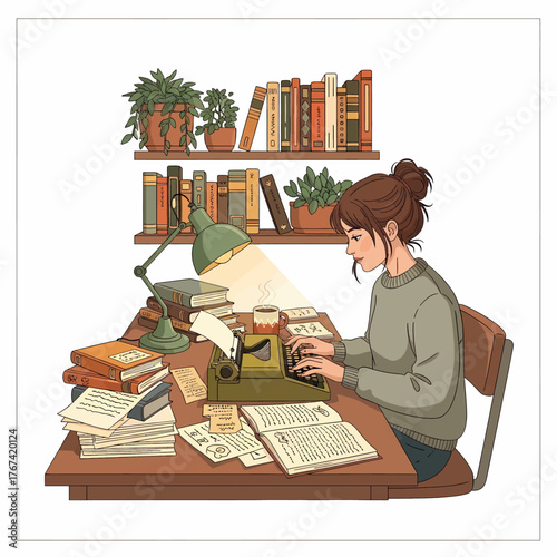 Detailed vector illustration depicting a female author or student working intensely at a messy desk, using a retro typewriter surrounded by books and coffee