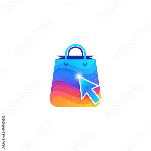 Colorful shopping bag with a cursor icon isolated on transparent background