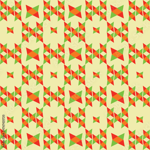 This image presents a lively geometric pattern in red, green, and beige tones. The symmetrical triangular motifs form a dynamic, playful rhythm that gives the design a modern yet cultural aesthetic.