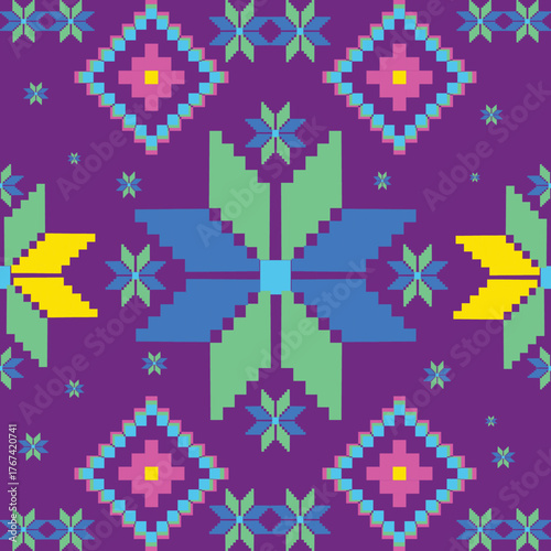 This image features a vibrant geometric pattern in vivid purple, blue, green, and yellow tones. The symmetrical pixel-style motifs create a lively, modern design that radiates cultural charm .