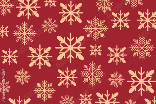 Seamless pattern of various sized gold snowflakes densely scattered on a deep red background. Warm vector design perfect for traditional Christmas greetings and winter holiday backdrops.