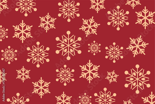 Seamless pattern of various sized gold snowflakes densely scattered on a deep red background. Warm vector design perfect for traditional Christmas greetings and winter holiday backdrops.