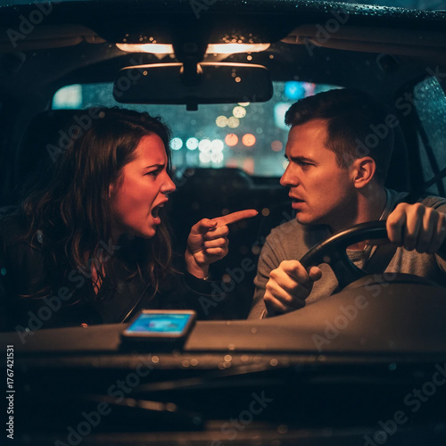 couple arguing in car