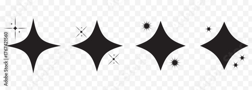 Sparkle Icons. Twinkle stars set. Shine star icons. Shine, glitter, twinkling star. star shapes suggesting sparkle or cleanliness in solid black On Transparent Background. EPS 10.