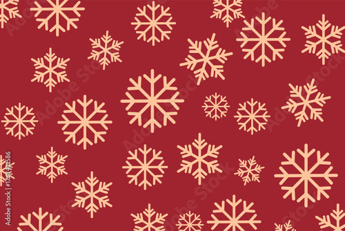 Seamless pattern of various sized gold snowflakes densely scattered on a deep red background. Warm vector design perfect for traditional Christmas greetings and winter holiday backdrops.