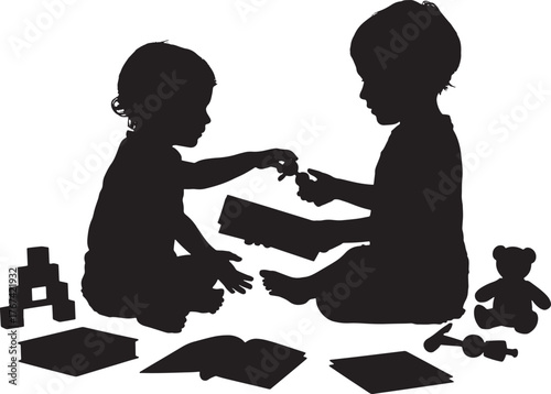 Silhouette Of Two Kids Playing Blocks And Toys With Transparent Checkered Backdrop