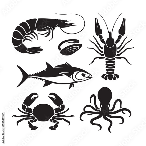 Black Silhouette Seafood Assortment with Octopus and Fish shrimp lobster