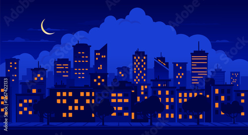 Vector illustration of a pixel art city skyline at night, showing an urban landscape with glowing windows and a crescent moon a.eps