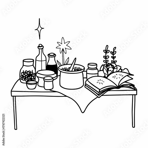 Line art composition of a witch's desk with various potion ingredients