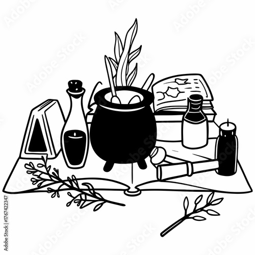 Line art composition of a witch's desk with various potion ingredients