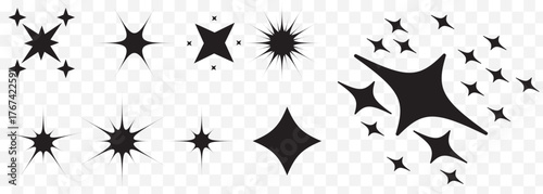 Glow light effect set, lens flare, explosion, glitter, line, sun flash, spark and star. Glowing light bursts with sparkles. Abstract image of lighting flare and Bkack stars. Vector illustration. EPS10