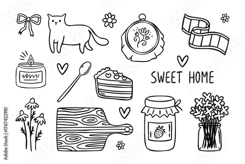 Sweet Home dining room set with table, chairs and dishes line art outline, monochrome hand drawn