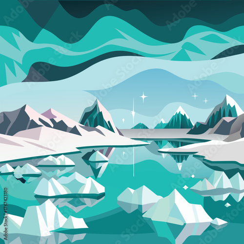 Abstract arctic landscape with icebergs and stylized mountains