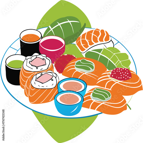 Sushi Platter with Salmon and Rolls Keywords: sushi, platter, salmon, rolls, sashimi, nigiri