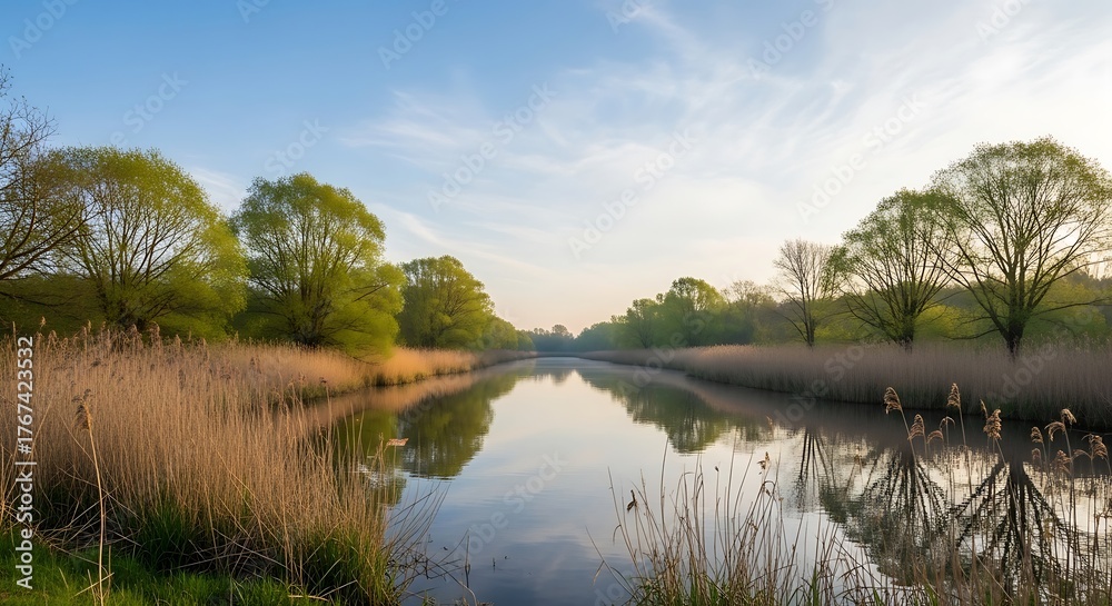 Fototapeta premium Serene River Landscape with Reflections and Lush Greenery.