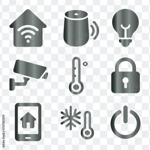 Smart home automation technology devices security climate control vector icons set