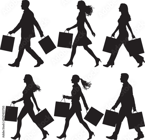 Shoppers Silhouette Collection Vector Image People Walking Customer Style