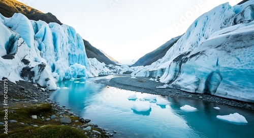 Glacial River Landscape - Ice Formations and Mountain Scenery in Alaska.