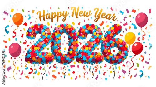 Vibrant Colorful 2026 New Year Celebration with Balloons and Confetti Illustration